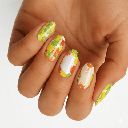 Citrus fruit nail wraps on hand with yellow, orange and green botanical patterns