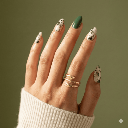 Wide fit botanical nail wraps in sage green with black leaf design on hand
