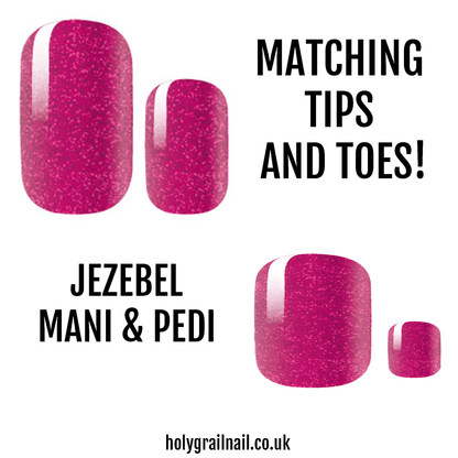 Hot pink glitter nail wraps matching manicure and pedicure sparkle finish