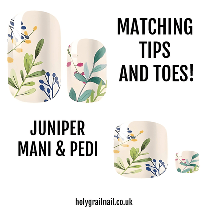 Botanical floral nail wraps with green leaves matching manicure pedicure set