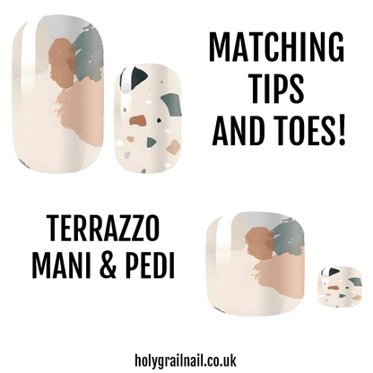 Terrazzo pattern nail wraps in neutral beige grey for matching mani pedi