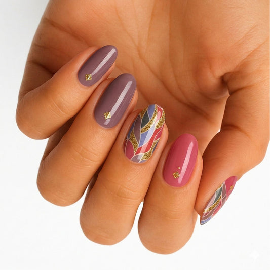 Mauve and coral nail wraps with gold feather pattern on hand showing mixed design manicure