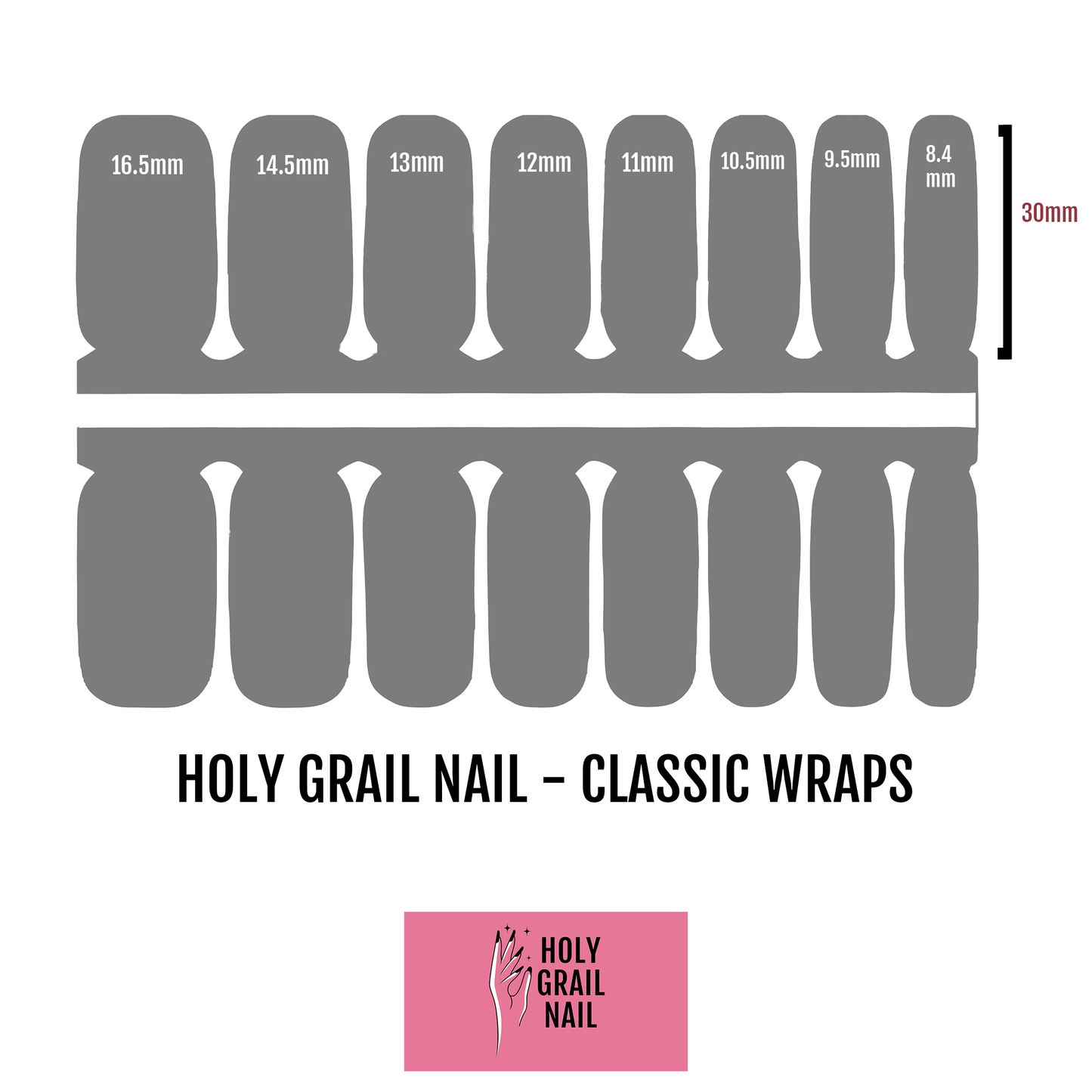 Classic nail wrap sizing chart showing eight different widths for perfect manicure fit