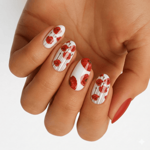 Hand displaying red poppy field nail art wraps with watercolour floral design