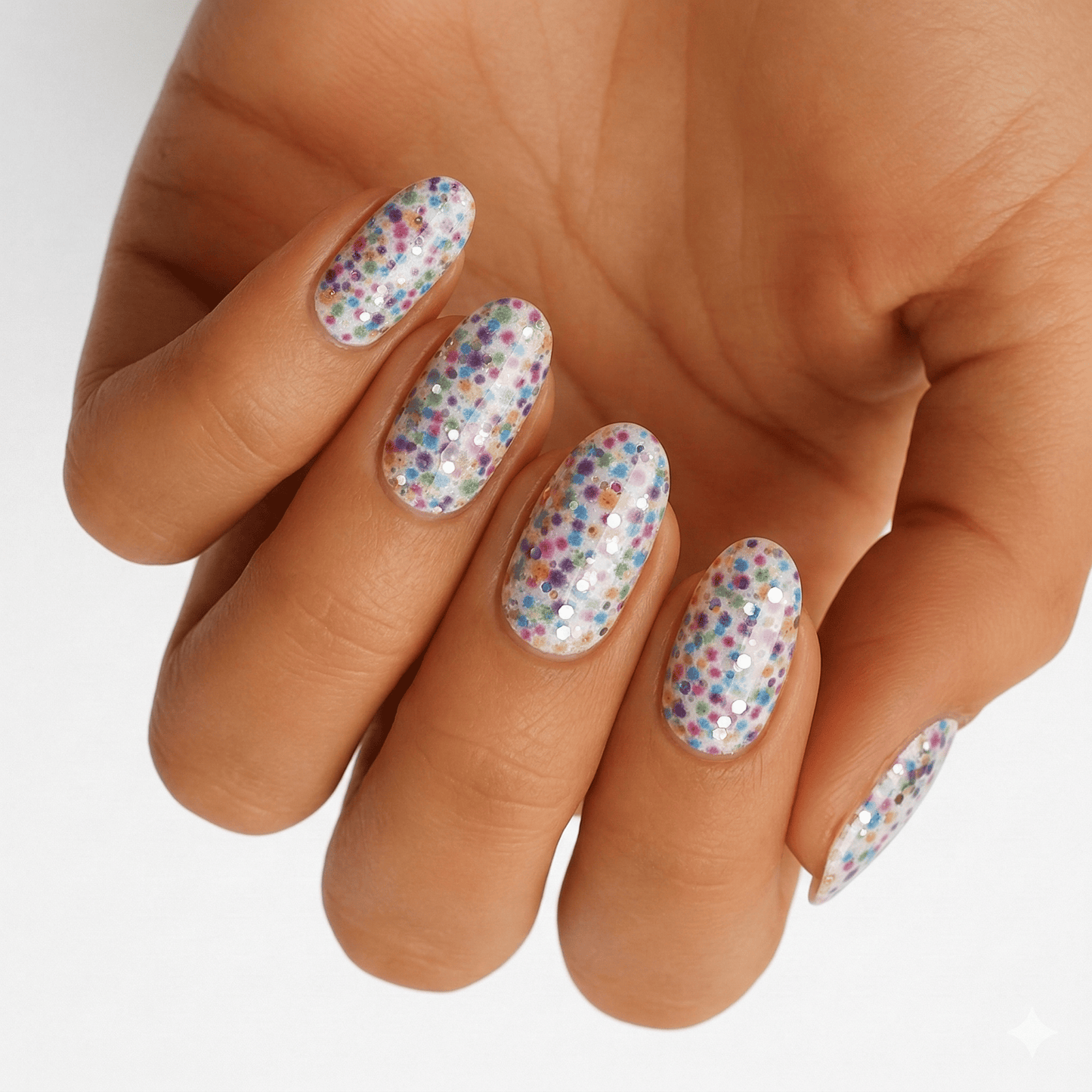 Hand displaying multicoloured confetti dot nail wraps with rainbow bubble pattern design