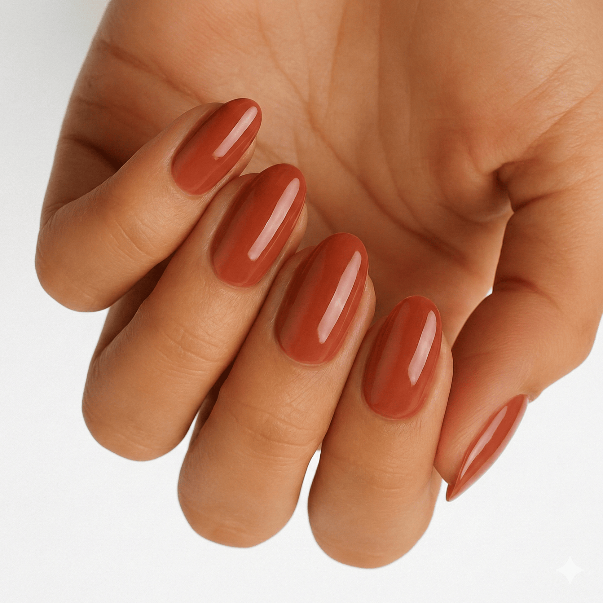 Hand showing rust orange wide fit nail wraps in glossy autumn terracotta shade