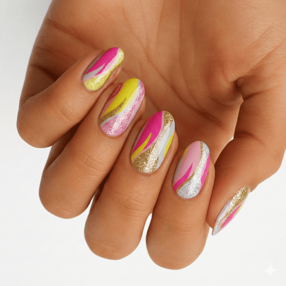 Pink gold and white striped nail wraps on hand with metallic glitter finish