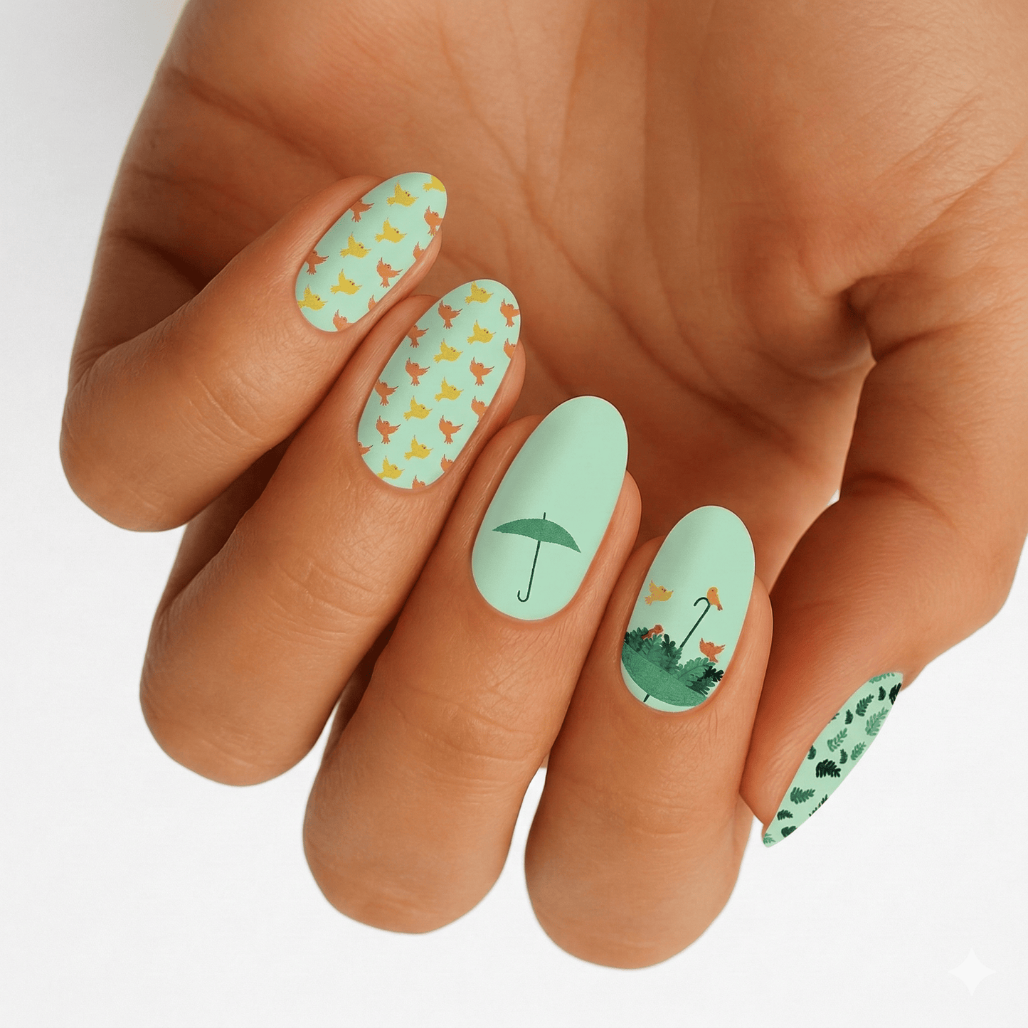 Spring nail art on hand featuring mint green nail wraps with orange birds and umbrella designs