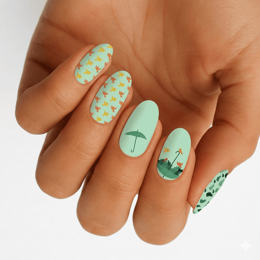 Spring nail art on hand featuring mint green nail wraps with orange birds and umbrella designs