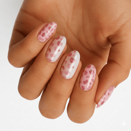 Pink strawberry cream nail wraps on hand showing cute fruit pattern manicure