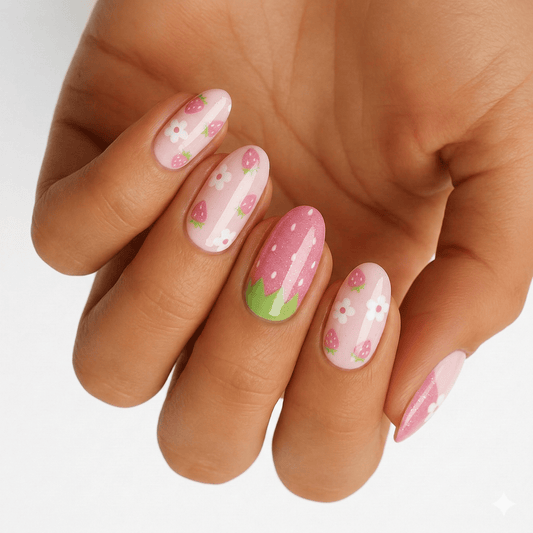 Hand wearing pink strawberry nail wraps with white polka dots and green accent designs