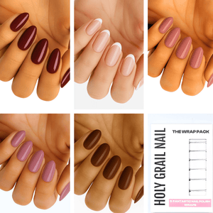 Five hands displaying caramel nude nail wraps in brown and beige tones for classic manicure