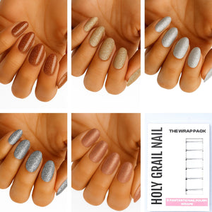 Metallic gel nail wraps in bronze gold silver finishes on hands showing luxury manicure designs