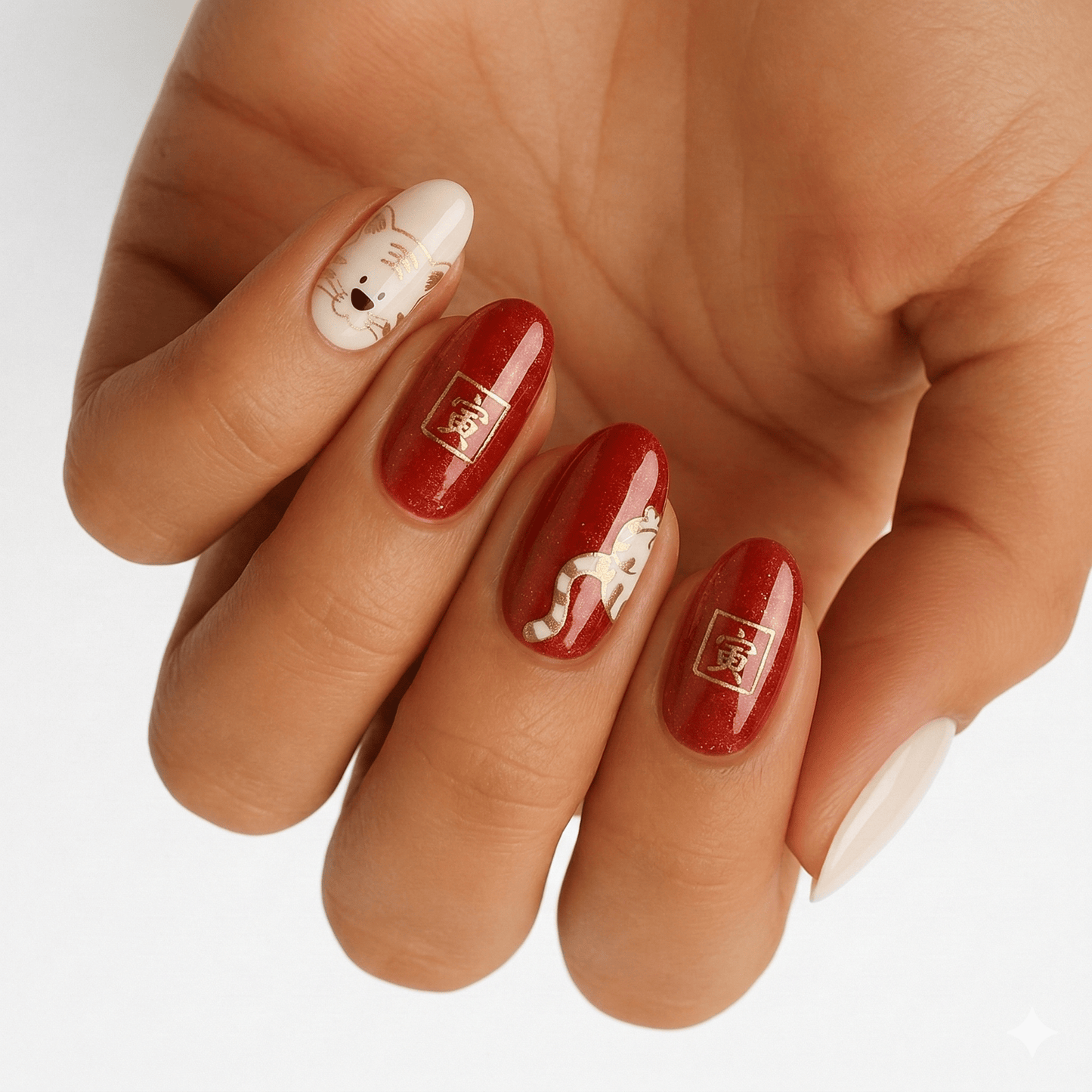 Hand wearing red and cream tiger print nail wraps with playful animal designs