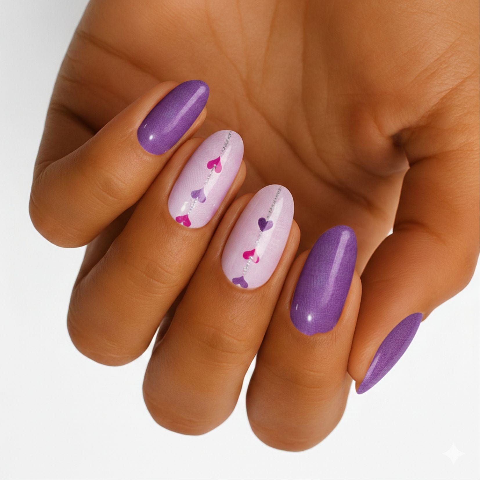 Purple and pink heart pattern nail wraps on hand showing glossy romantic Valentine's manicure design