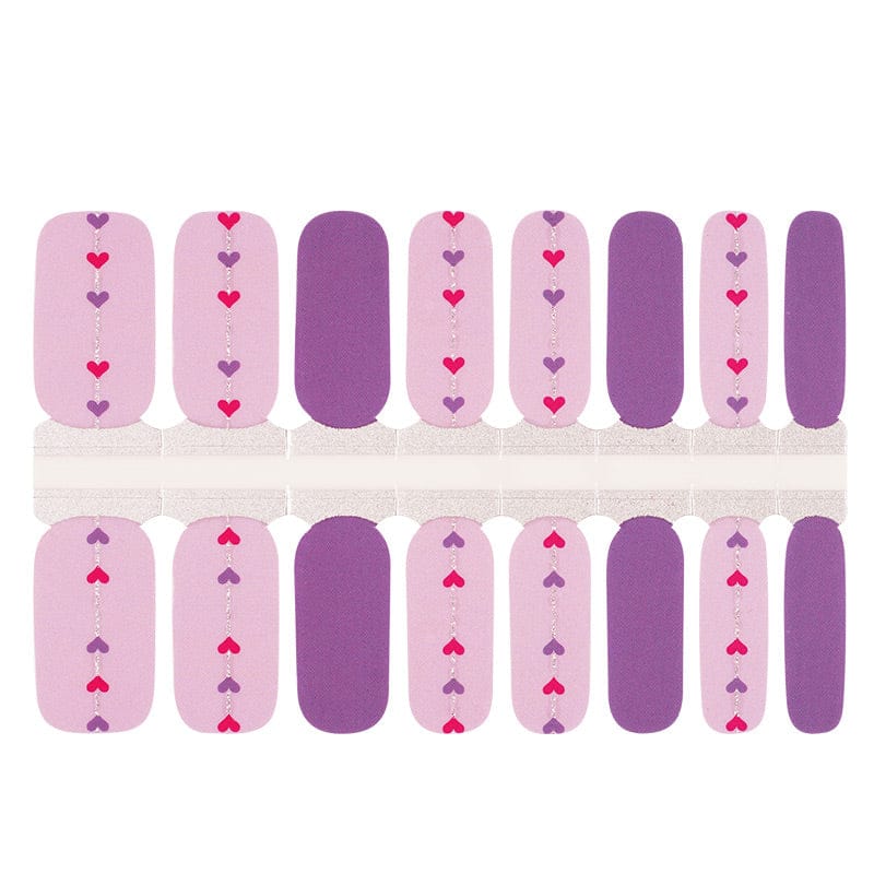 Pink and purple heart pattern nail wraps sheet with glossy Valentine's design