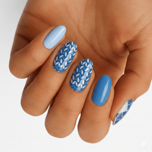 Blue wave pattern nail wraps on hand featuring geometric chevron design for DIY manicure