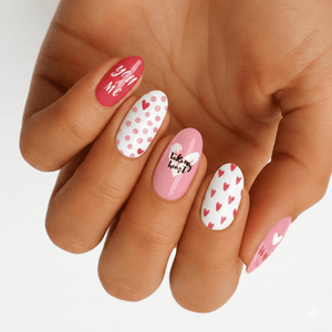 Pink nail wraps with white hearts and romantic text for Valentine's Day manicure