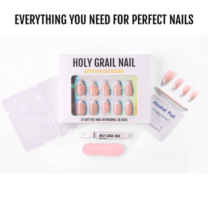 Complete nail care kit with glazed nude press-on nails and manicure accessories