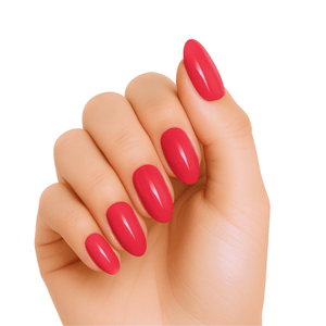 Deep red sangria gel nail wraps on hand showing glossy finish manicure