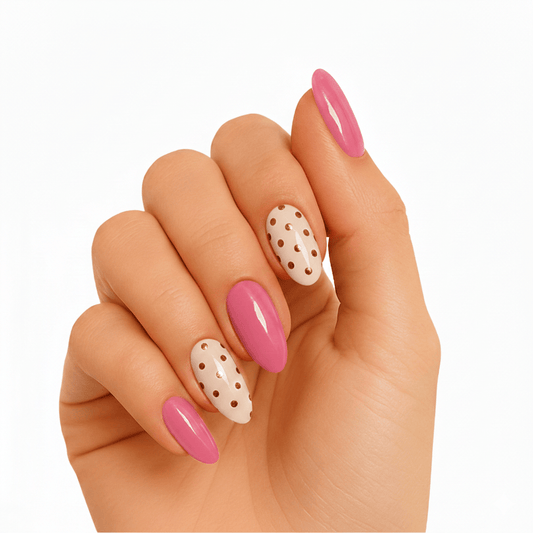 Pink and white polka dot gel nail wraps on hand showing glossy finish