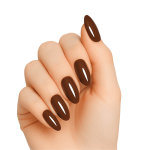 Glossy chocolate brown gel nail wraps on hand showing rich truffle colour