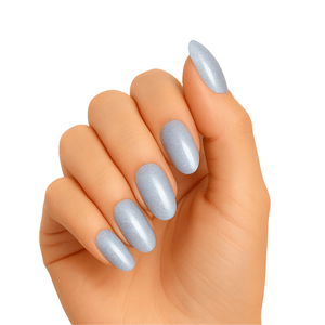 Ice blue metallic gel nail wraps on hand showing diamond dust glitter finish