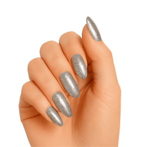 Silver glitter disco ball gel nail wraps on hand almond shape manicure