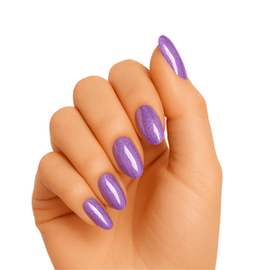 Purple holographic gel nail wraps on hand with shimmer metallic finish for party nails