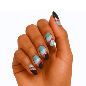 Geometric colour block gel nail wraps in teal coral black on hand