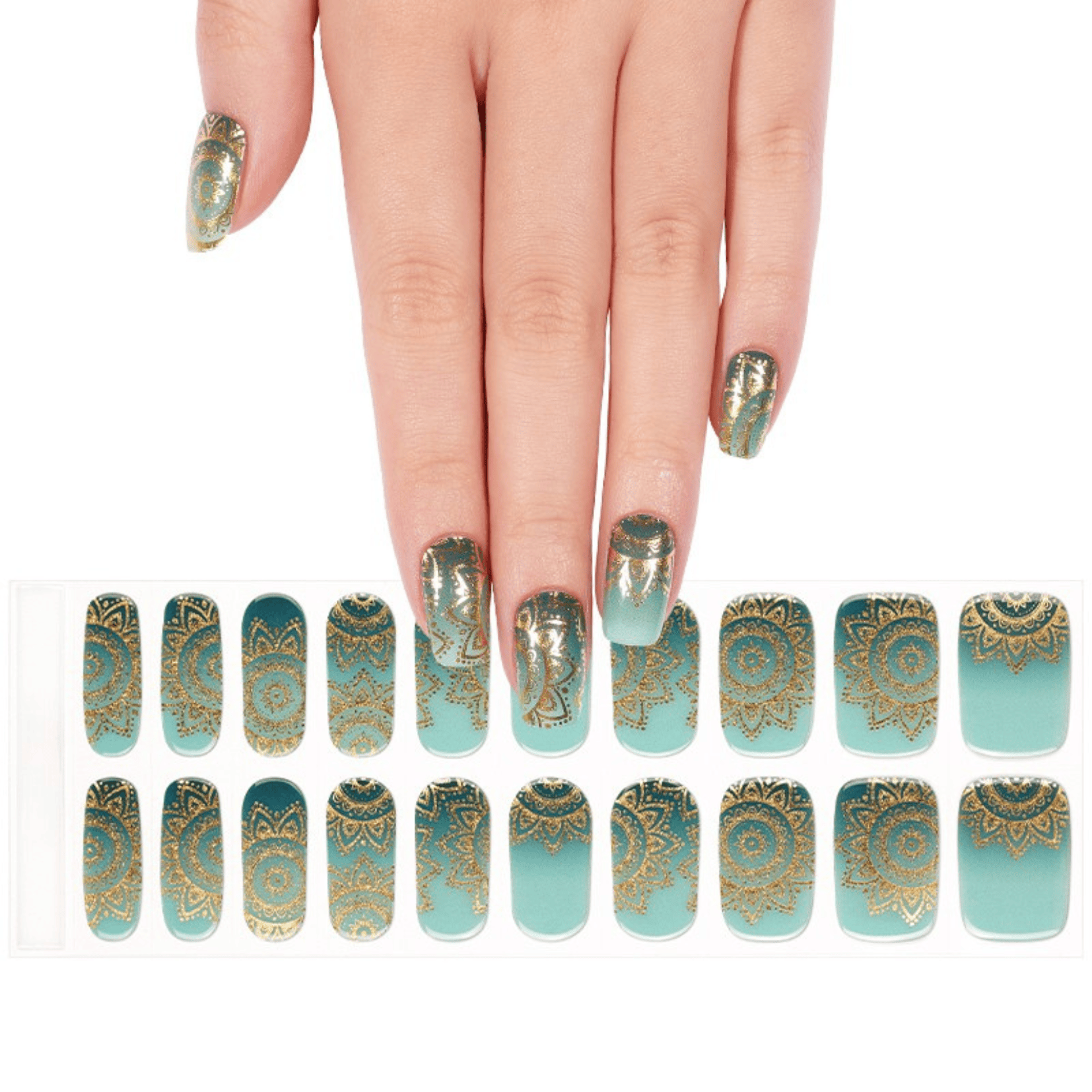 Hand wearing jade mandala gel nail wraps with complete nail wrap sheet