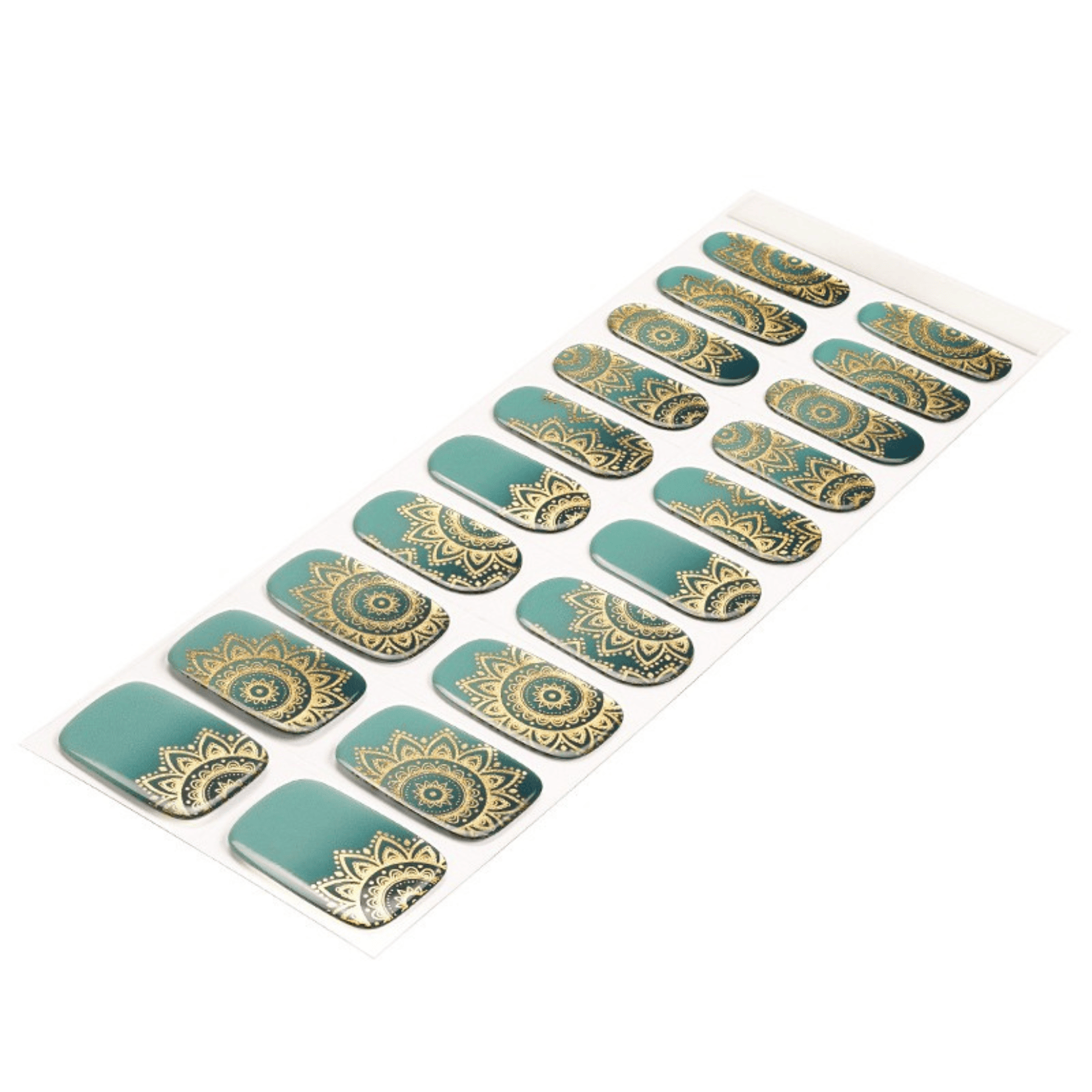 Jade mandala gel nail wraps sheet with gold metallic intricate patterns