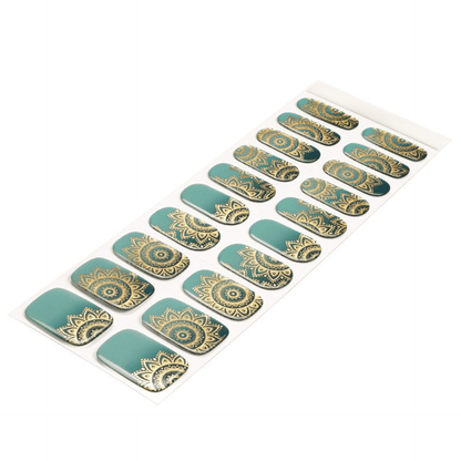 Jade mandala gel nail wraps sheet with gold metallic intricate patterns