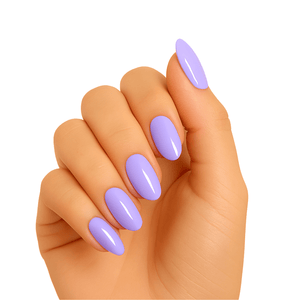 Hand displaying lavender semi-cured gel nails with glossy purple finish for spring manicure