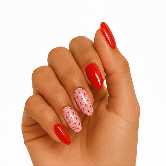 Hand with red and pink polka dot gel nails in glossy finish for Valentine's manicure