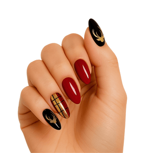 Red black gold tartan stag gel nail wraps on hand Christmas festive manicure