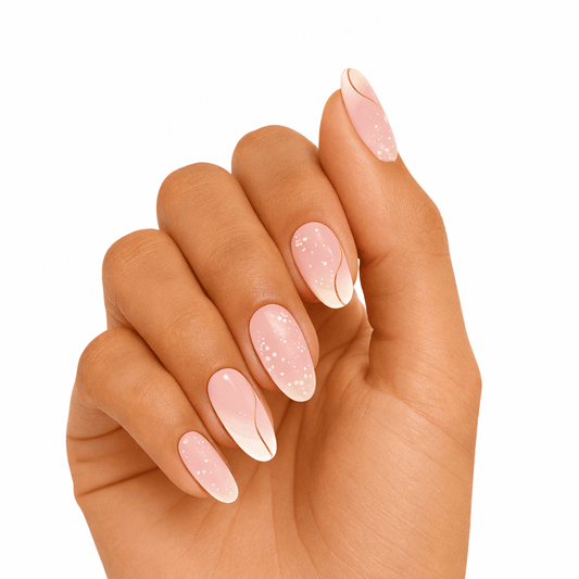 Pink glitter gel nail wraps with white French tips on hand showing elegant bridal manicure