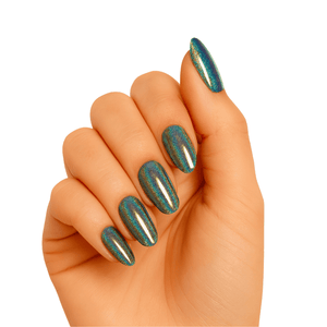 Holographic chrome gel nail wraps in rainbow prism finish on hand model