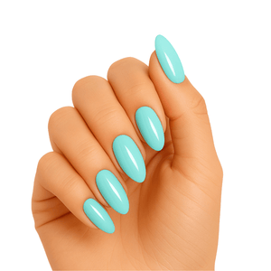 Hand wearing glossy turquoise blue gel nail wraps in oval shape for spring manicure