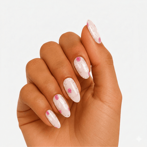 Pastel pink gel nail wraps with floral polka dot pattern on almond shaped nails
