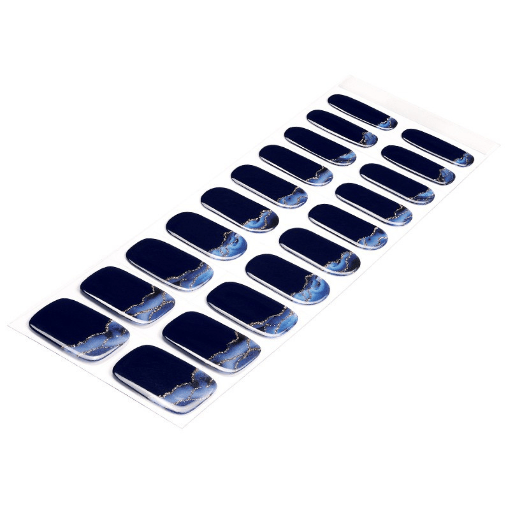 Navy blue ombre gel nail wraps set with stormy gradient design for at-home manicure